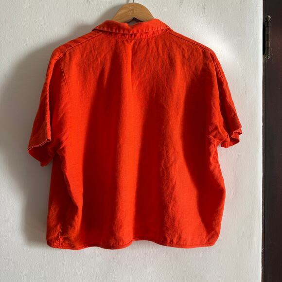COS | Orange Linen Boxy Cropped Button Down Short Sleeve Shirt | Size 6 - Picture 2 of 5